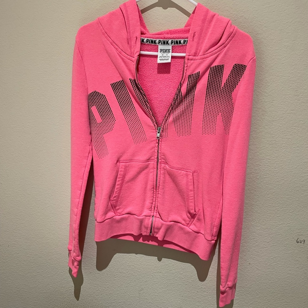 Pink sweatshirt with hoodie, size XS.